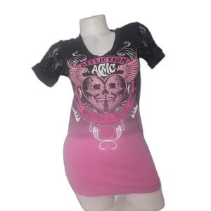 Vintage Y2K AFFLICTION Black and Pink Rhinestone Lace T Shirt Womens Size Small